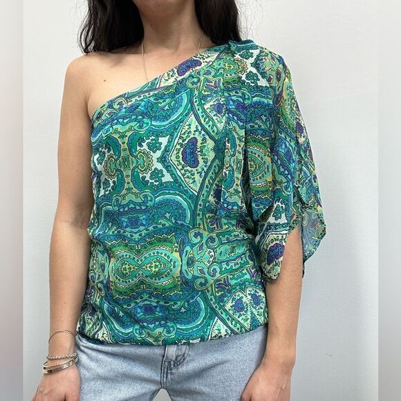 Cache 90's Y2K Turquoise Printed Silk One Shoulder Beaded Blouse Size M - Picture 1 of 10